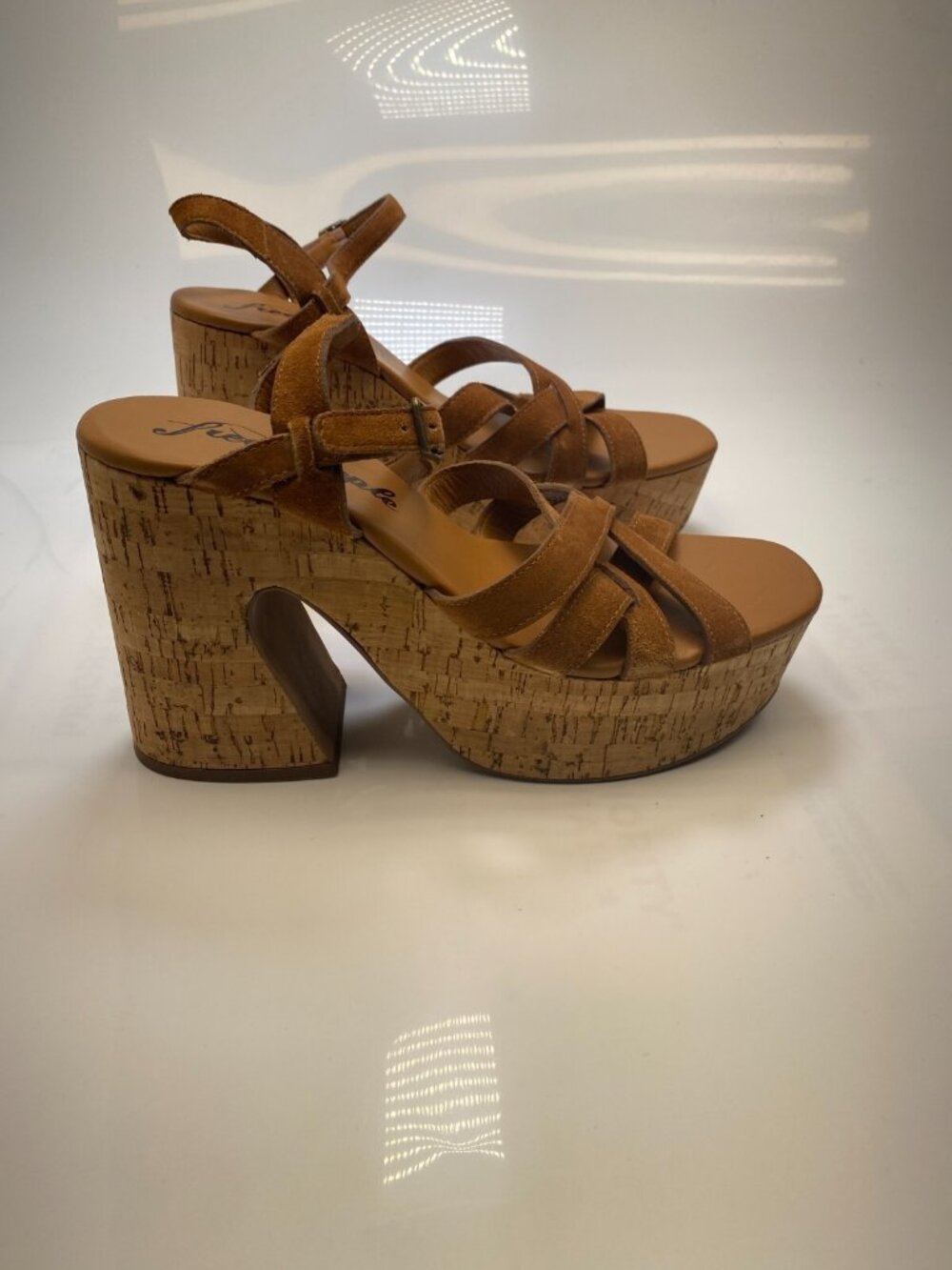 Free People Women's Lisbon MJ Brown Strap Cork Platform Heel Sandal Sz  9.5